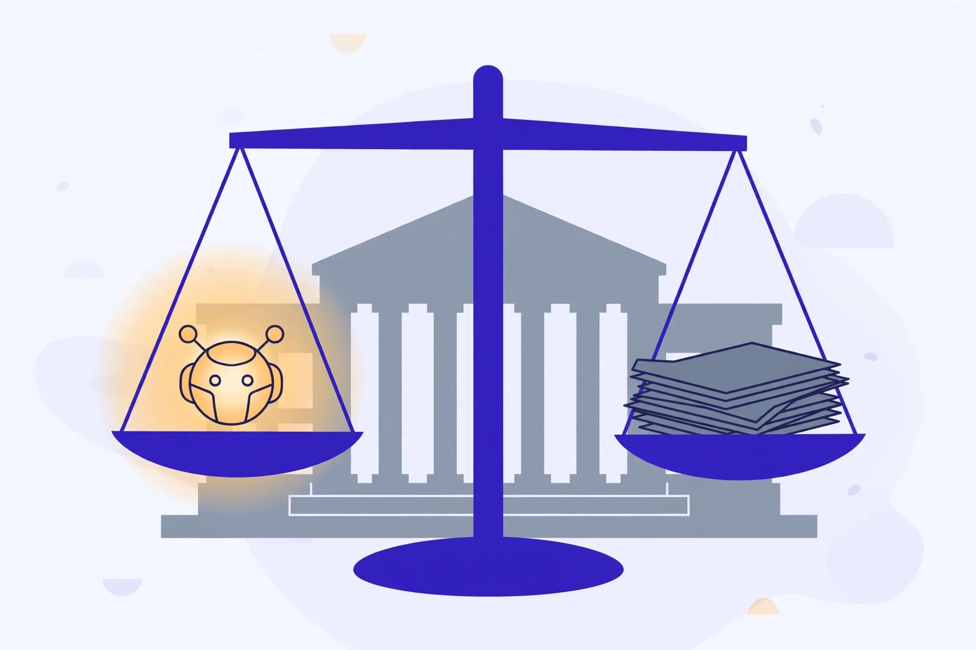 Illustration of a balance scale weighing a glowing robot head against official document pages, in front of a courthouse building
