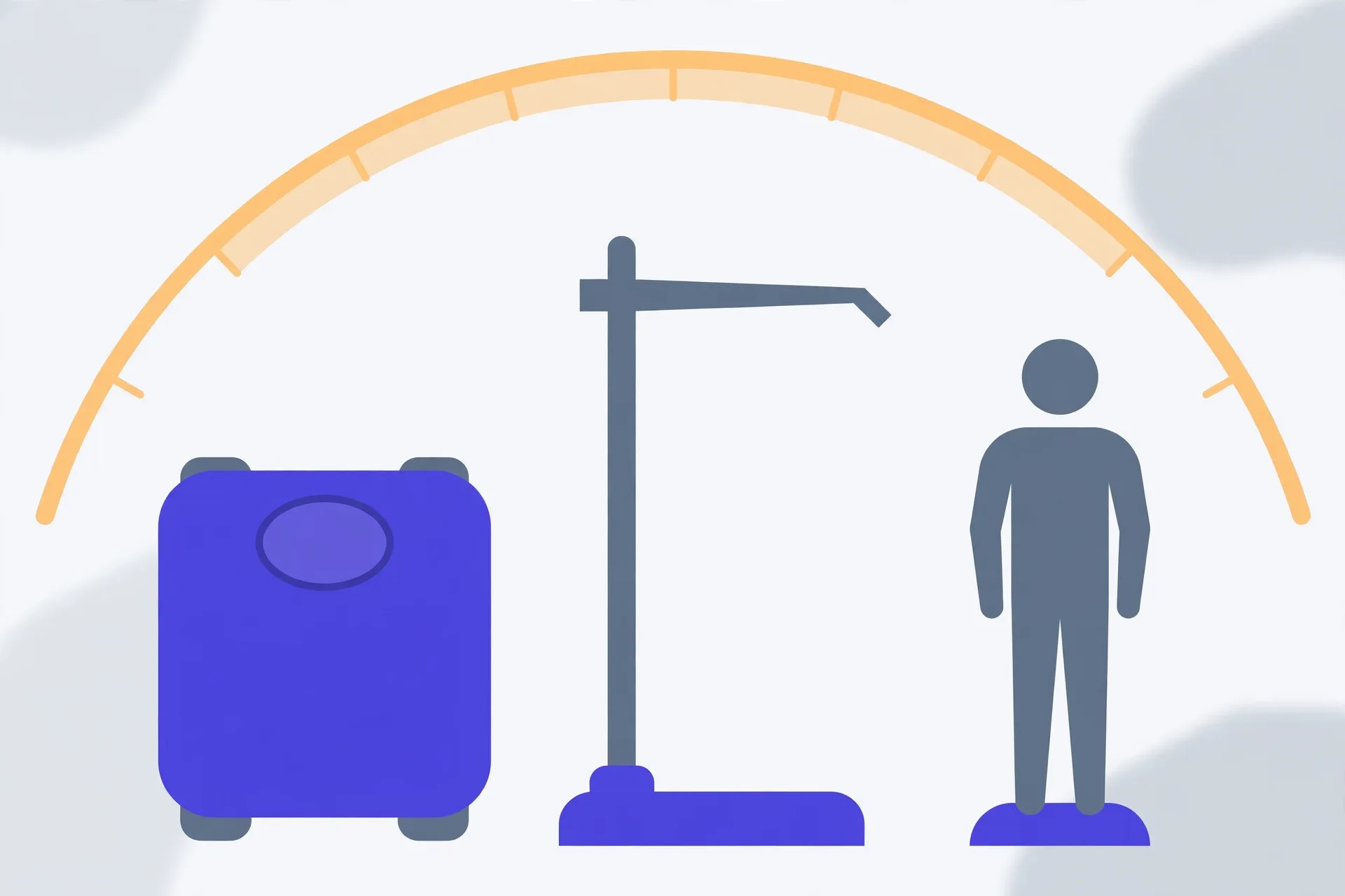 Illustration of a bathroom scale and a height measuring stand beside a standing figure, under a soft amber gauge arc
