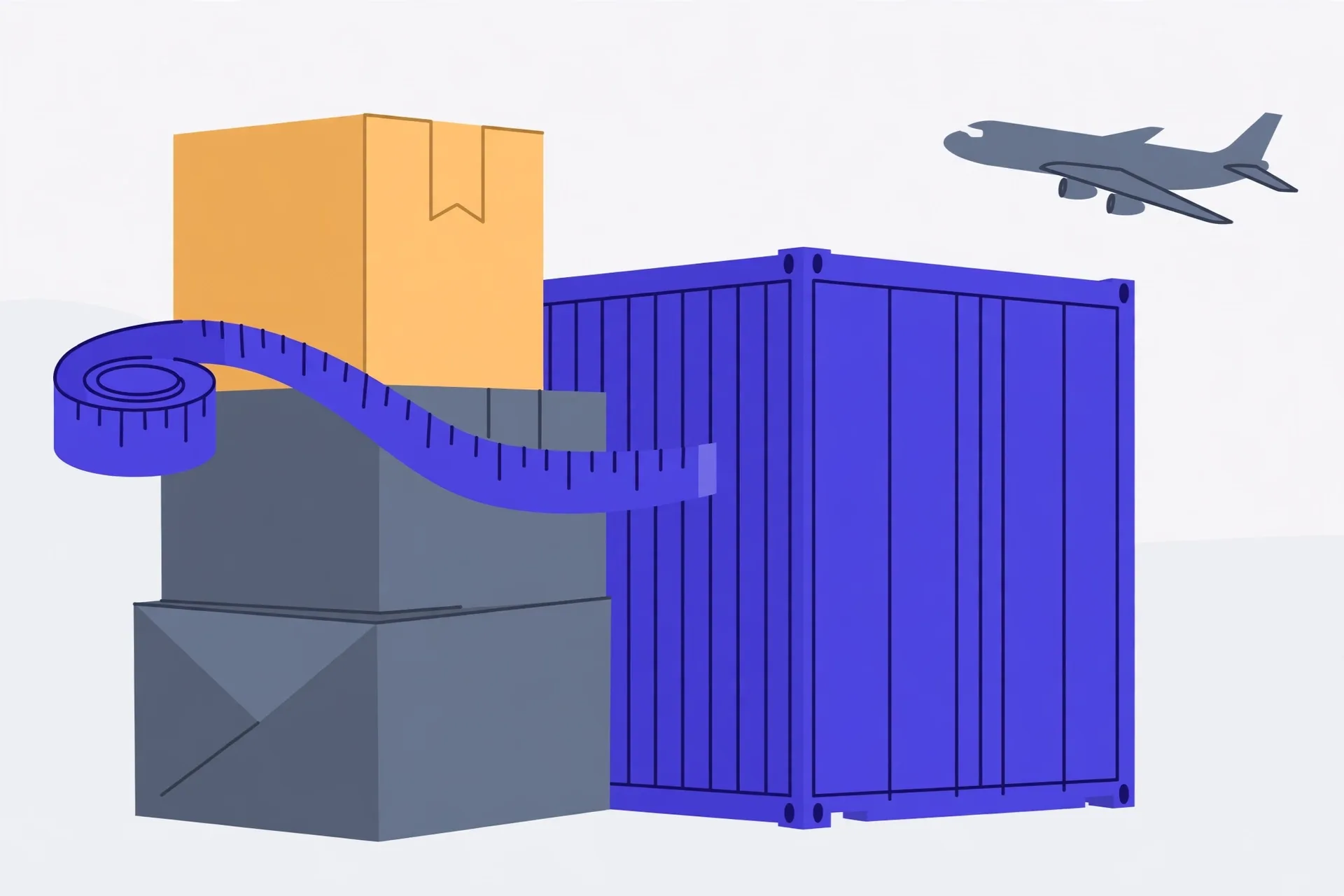 Illustration of stacked shipping cartons beside a cargo container and a small airplane, one carton highlighted in amber, with a measuring tape across the cartons