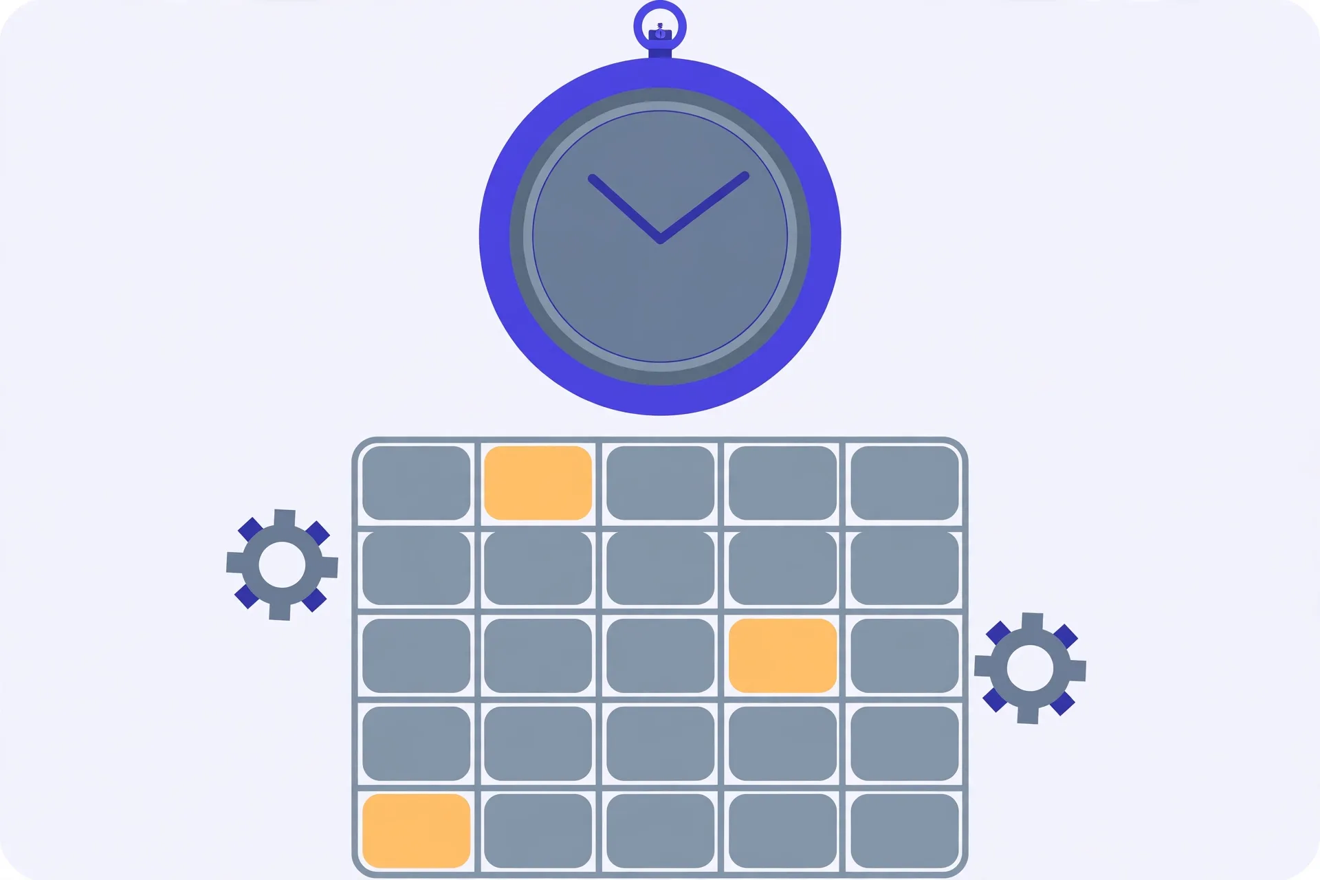 Illustration of a large pocket-watch clock above a calendar grid with a few days highlighted in amber, flanked by gears