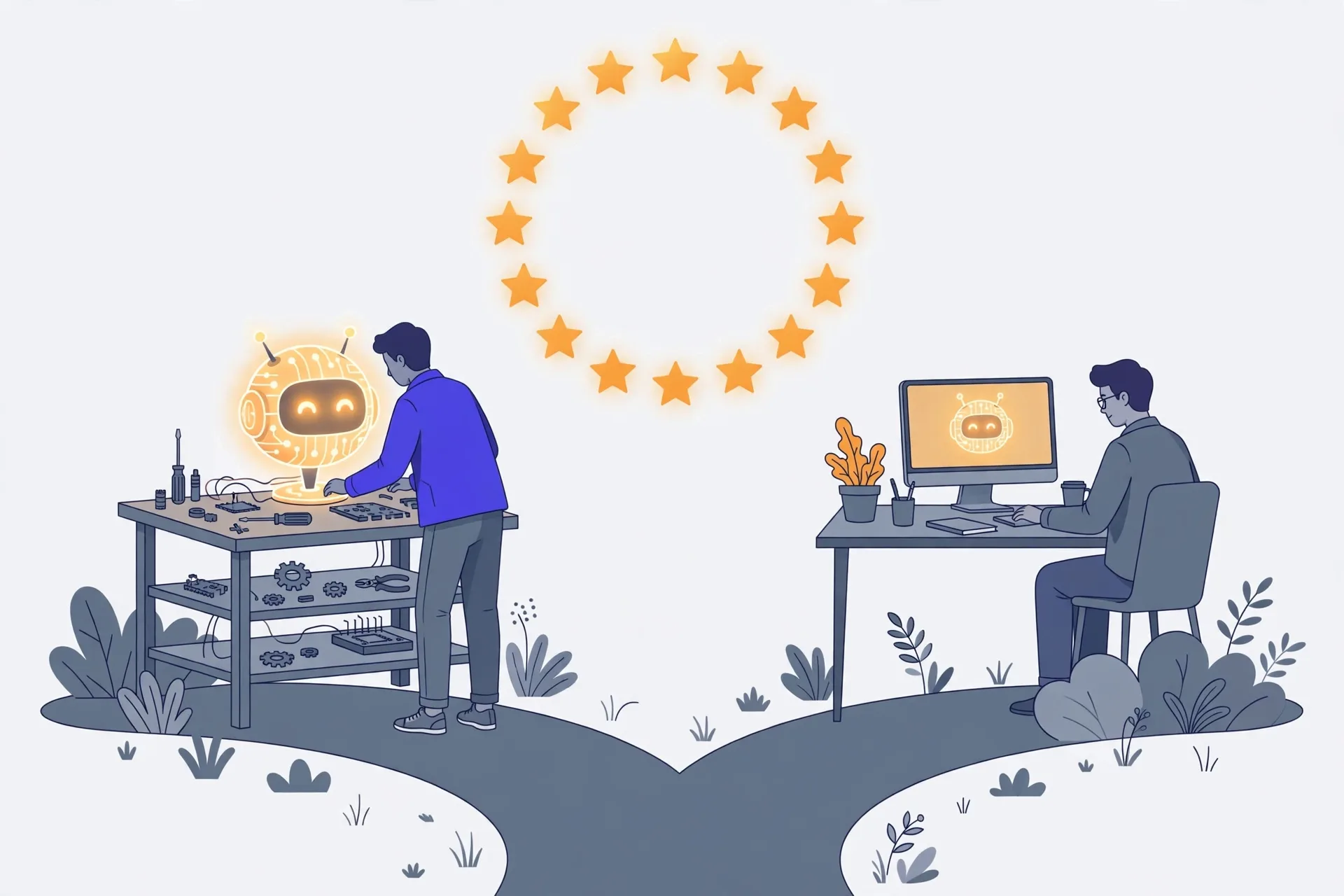 Illustration of one person building a glowing chatbot at a workbench and another using a chatbot at a desk, under a ring of stars