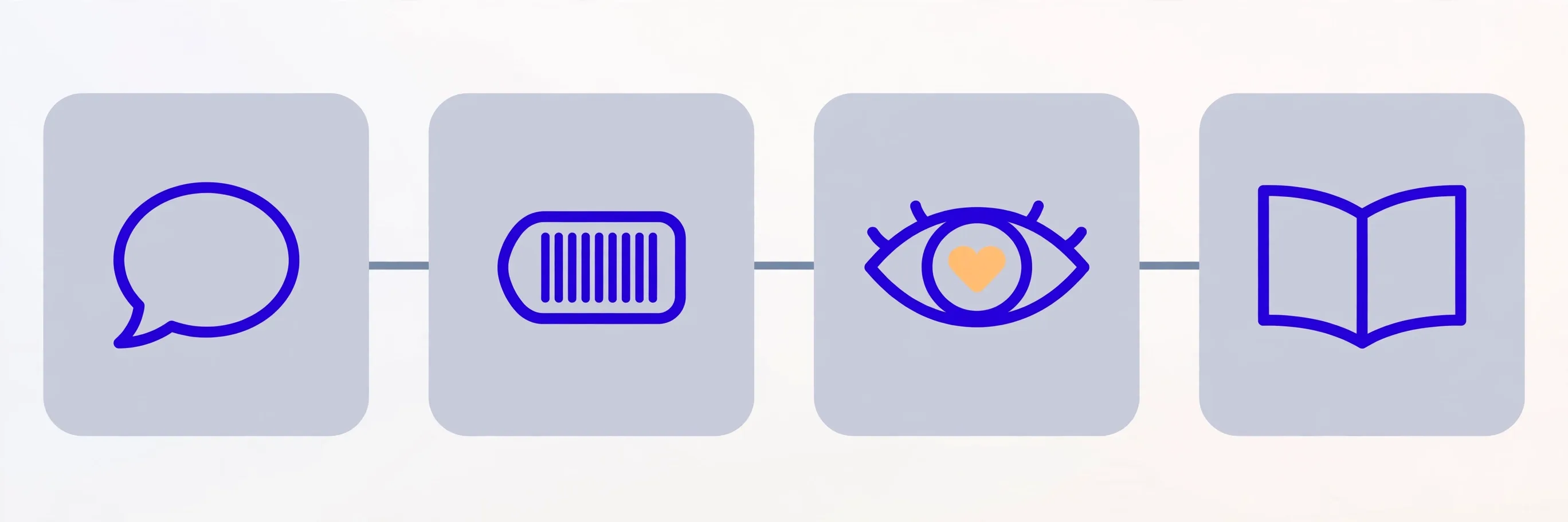 Illustration of four cards in a row: a speech bubble, a tag, an eye with a heart, and an open book