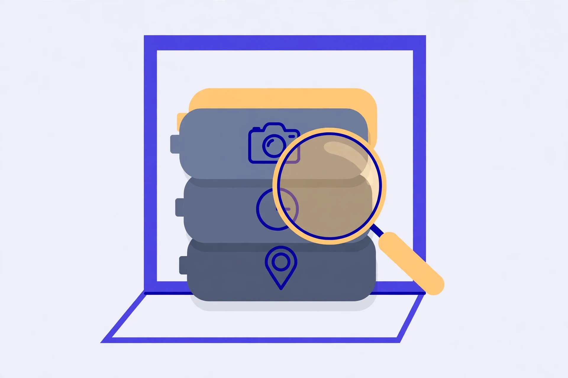 Illustration of layered hidden tags behind a photo frame — camera, clock and location pin — under a magnifying glass