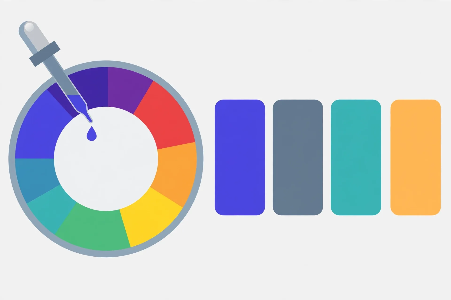 Illustration of a colour wheel beside a row of colour swatches in indigo, slate and amber, with an eyedropper picking a colour