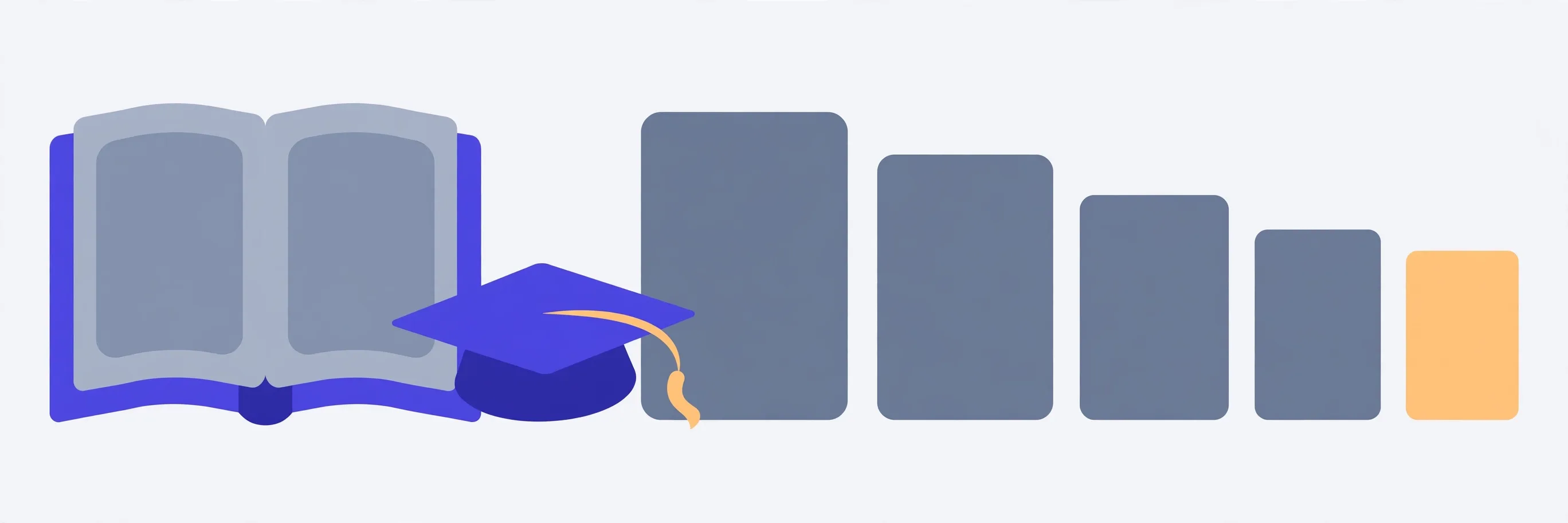 Illustration of an open grade book and a graduation cap beside a row of report cards in graduated sizes, one highlighted in amber