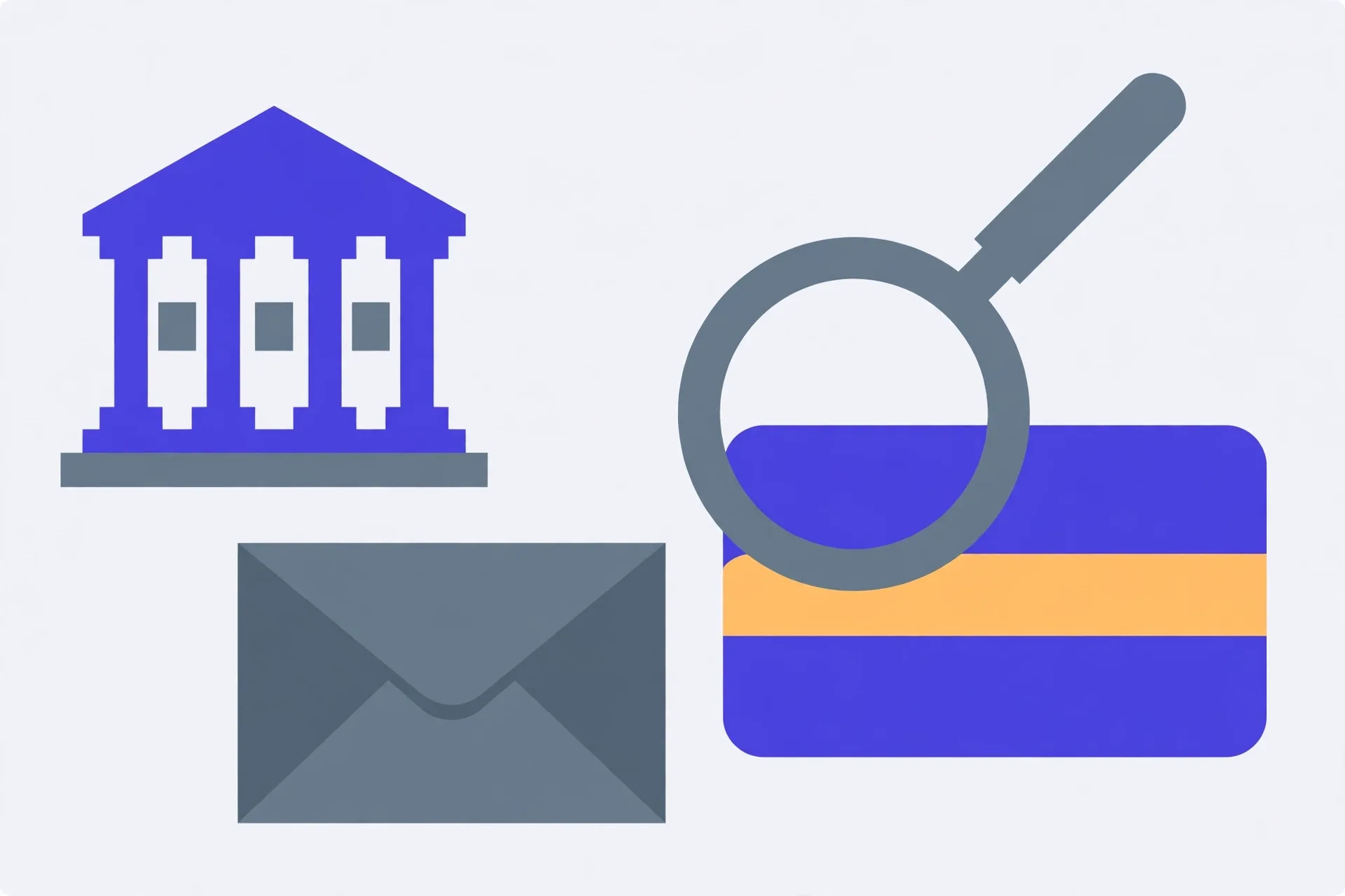 Illustration of a bank building and an envelope beside a bank card under a large magnifying glass, one stripe of the card highlighted in amber
