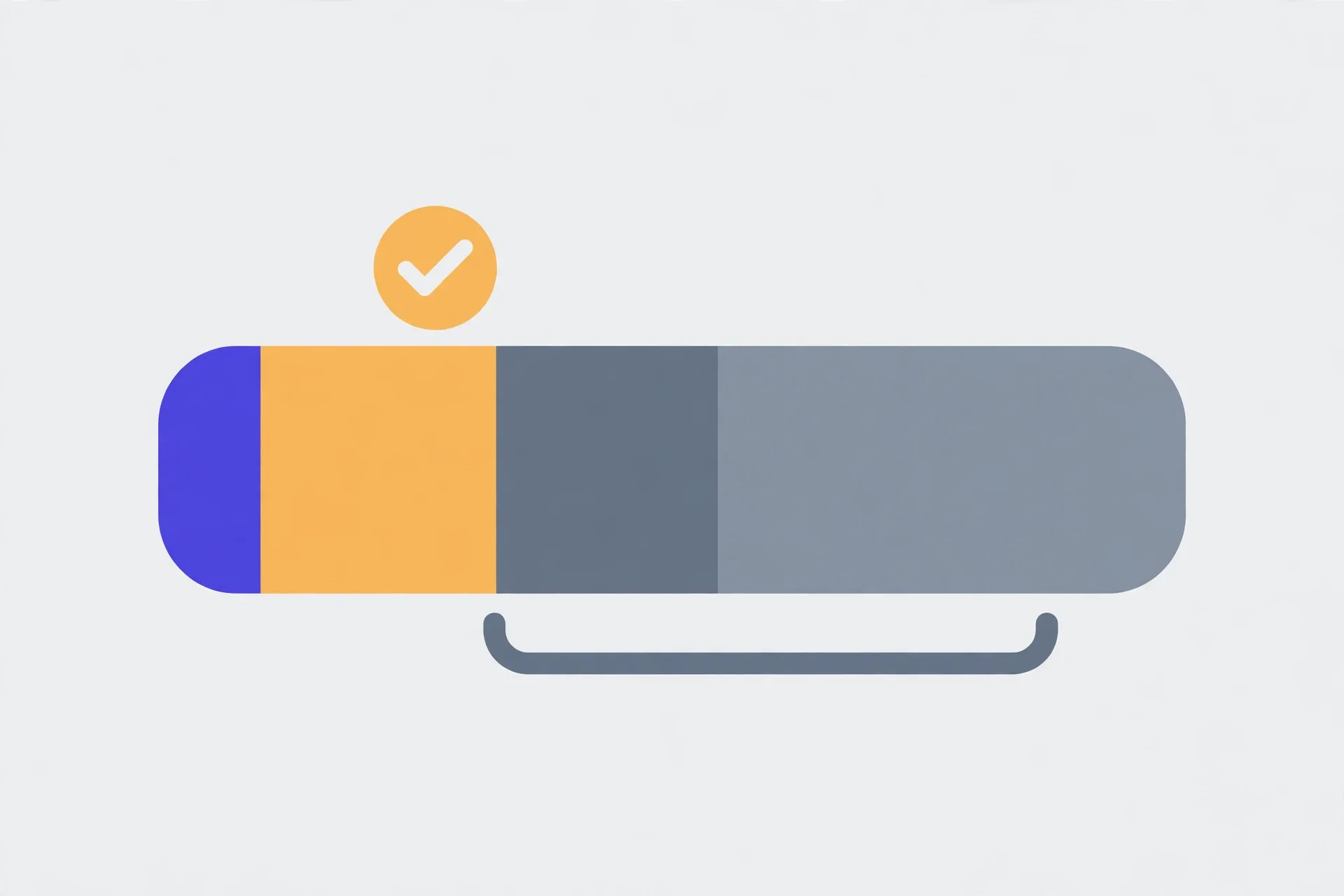 Illustration of one long rounded rectangle divided into four coloured segments of different widths, with a checkmark badge above the second segment