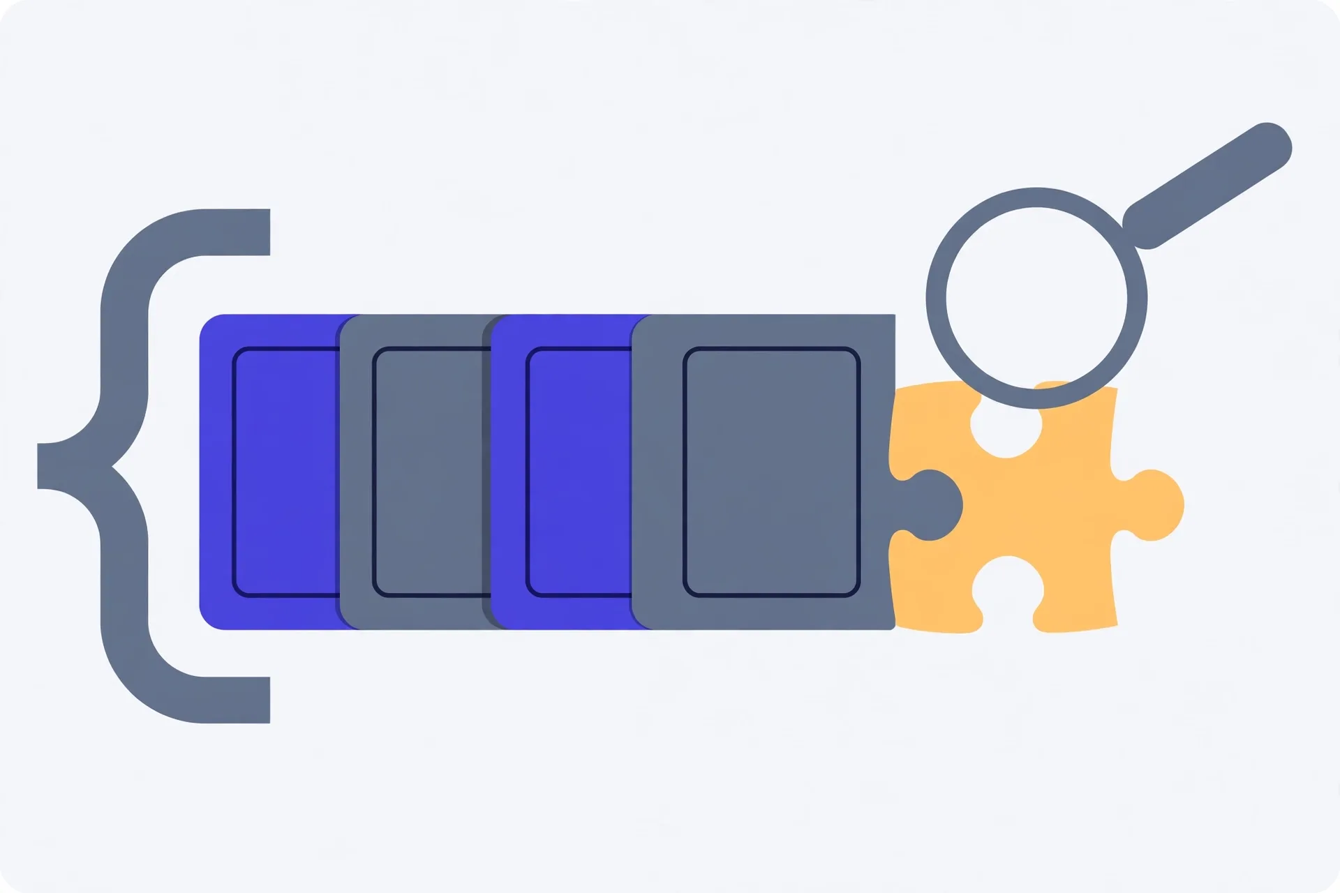 Illustration of a row of nested data blocks behind a curly brace, with one amber puzzle piece that does not fit and a magnifying glass above it