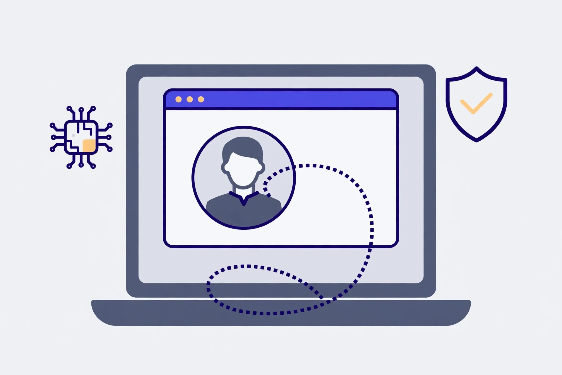 Illustration of a laptop processing a photo locally, with a chip and a shield beside it