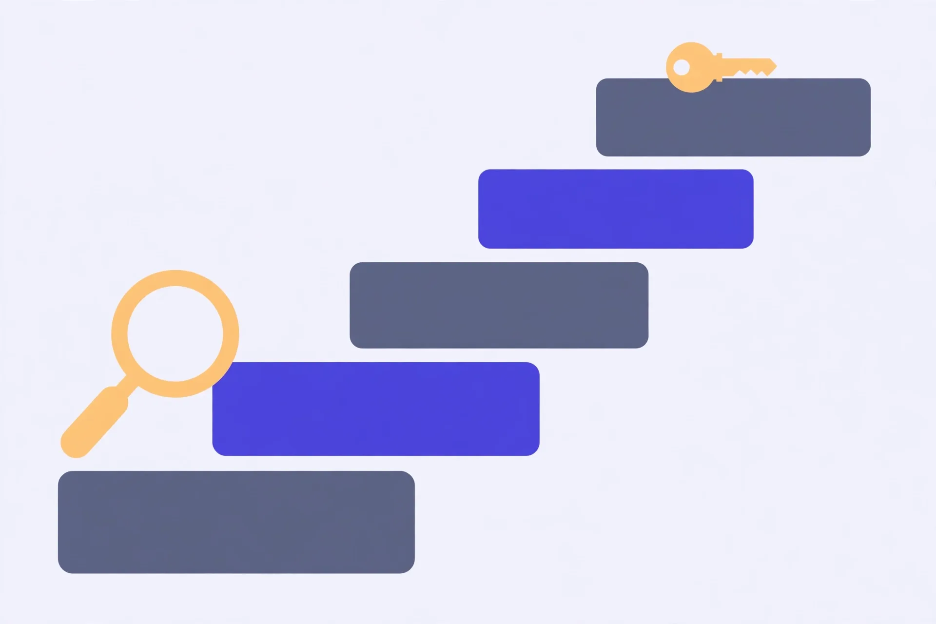 Illustration of a rising staircase of plain blocks, each step longer than the last, with a small key on the top step and a magnifying glass beside the first