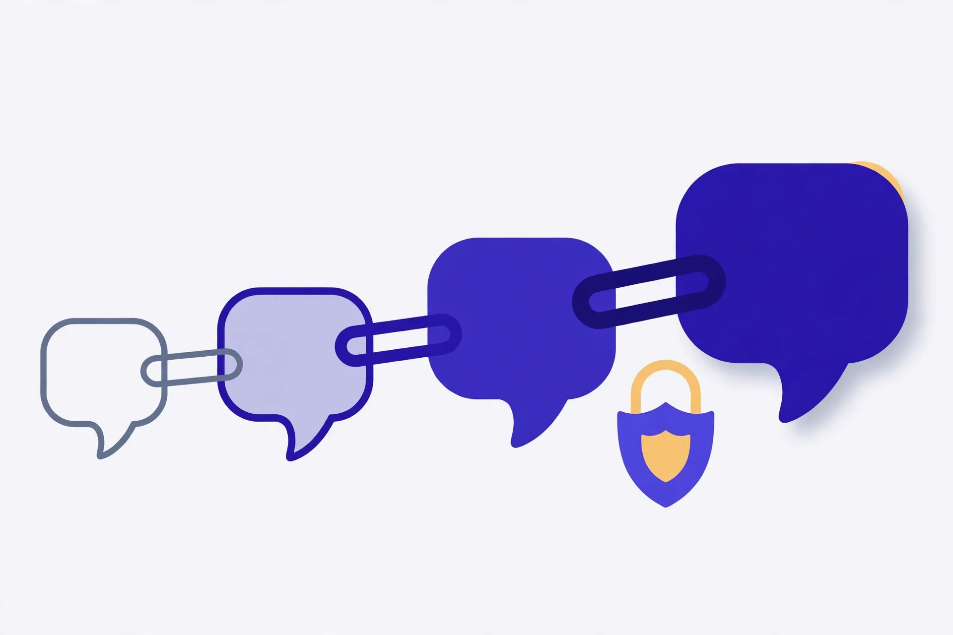 Illustration of four linked speech bubbles growing larger and darker along a chain, with a padlock shield beneath the largest