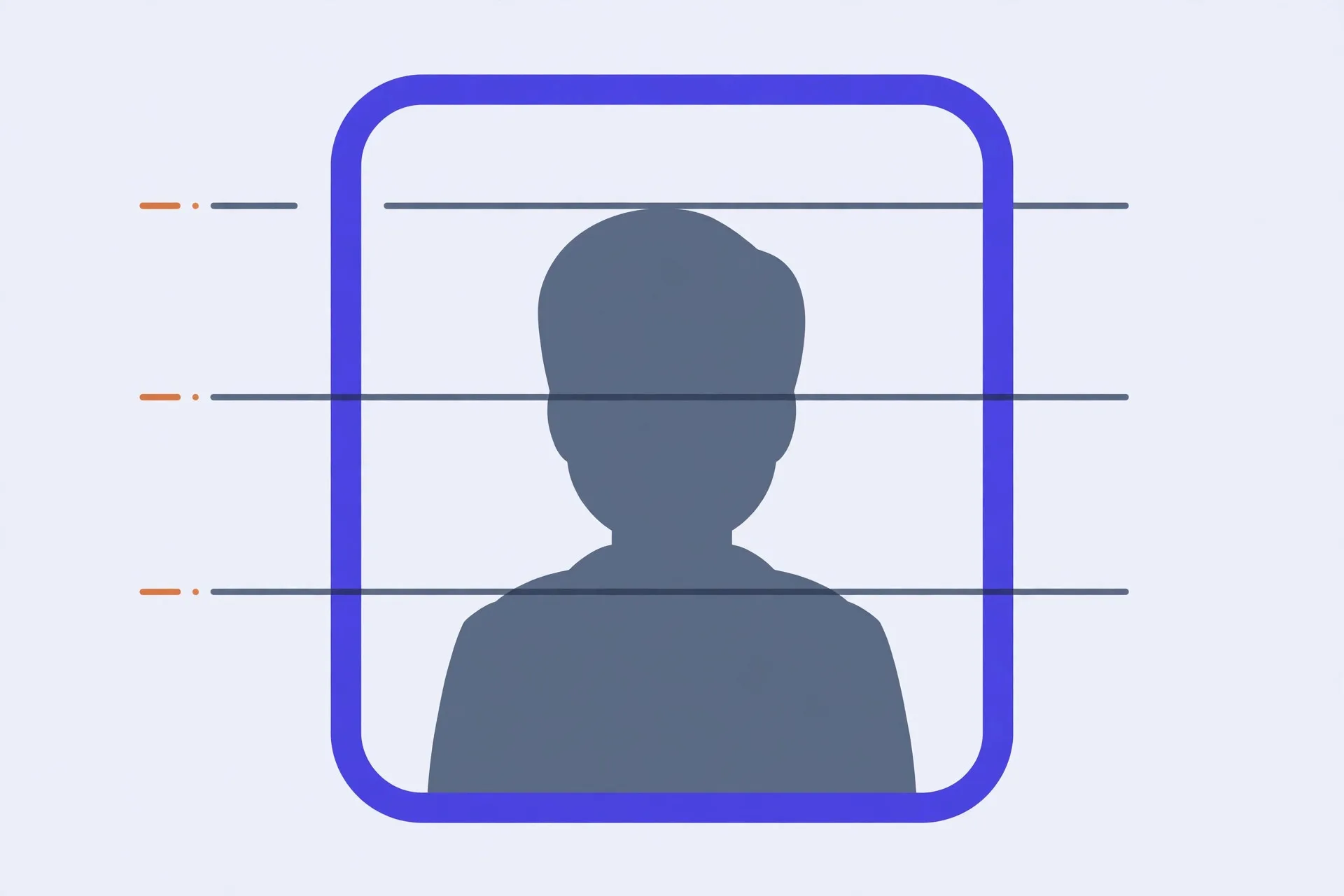Diagram of a head-and-shoulders silhouette inside a photo frame, with guide lines at the crown, eyes and chin