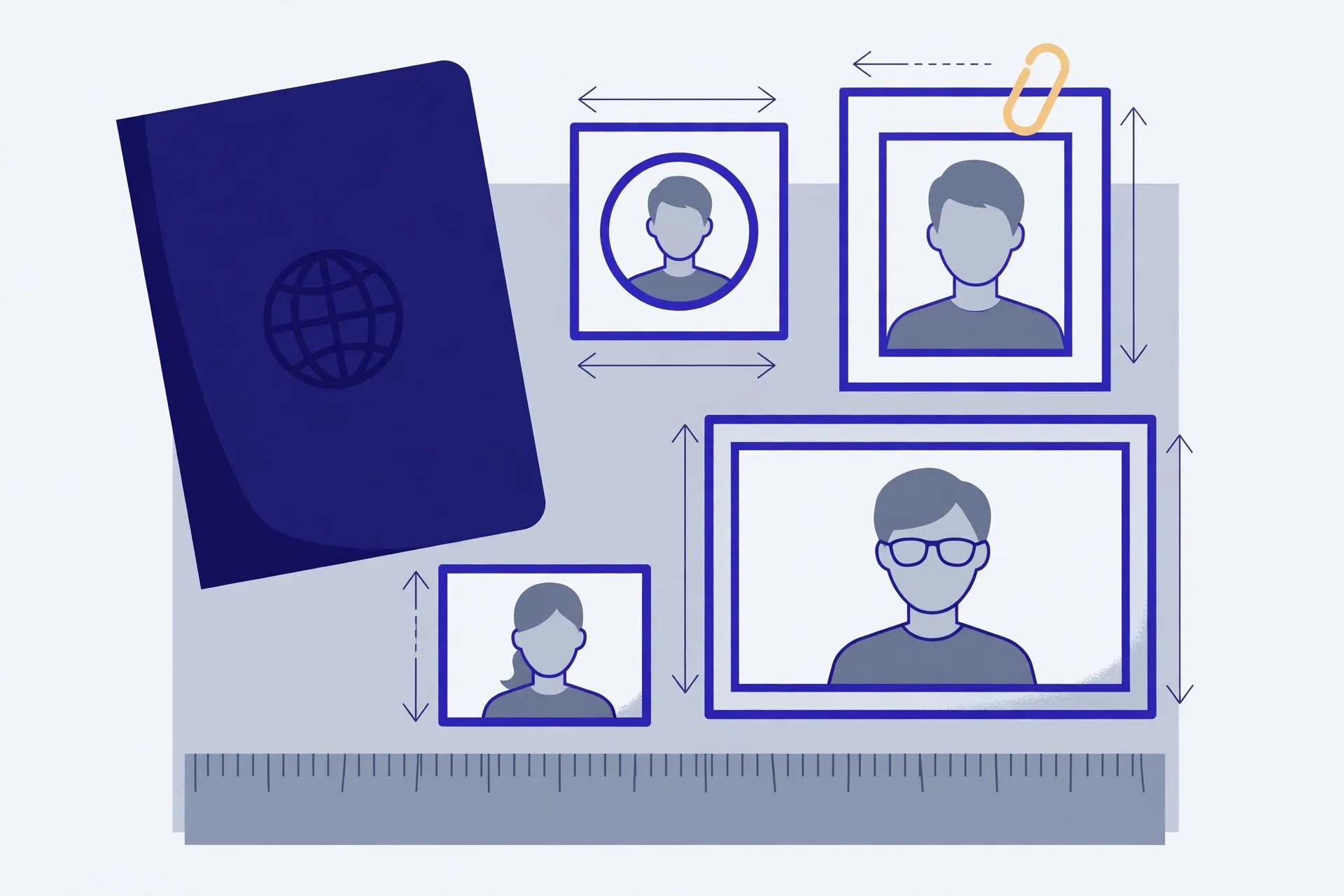 Illustration of a passport booklet beside ID photos in several sizes, with dimension arrows and a ruler