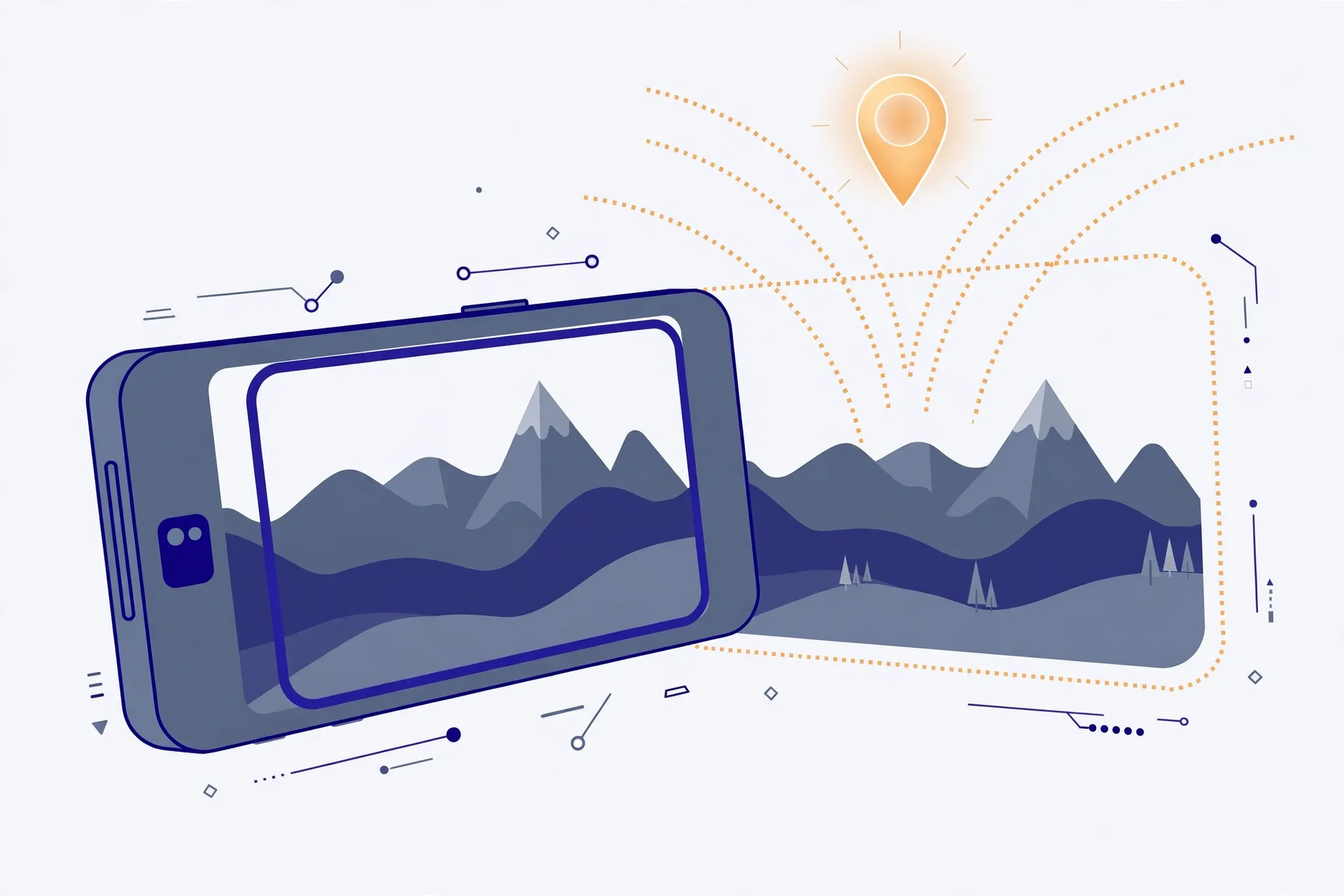 Illustration of a smartphone photographing a mountain landscape, with a glowing location pin rising from the photo