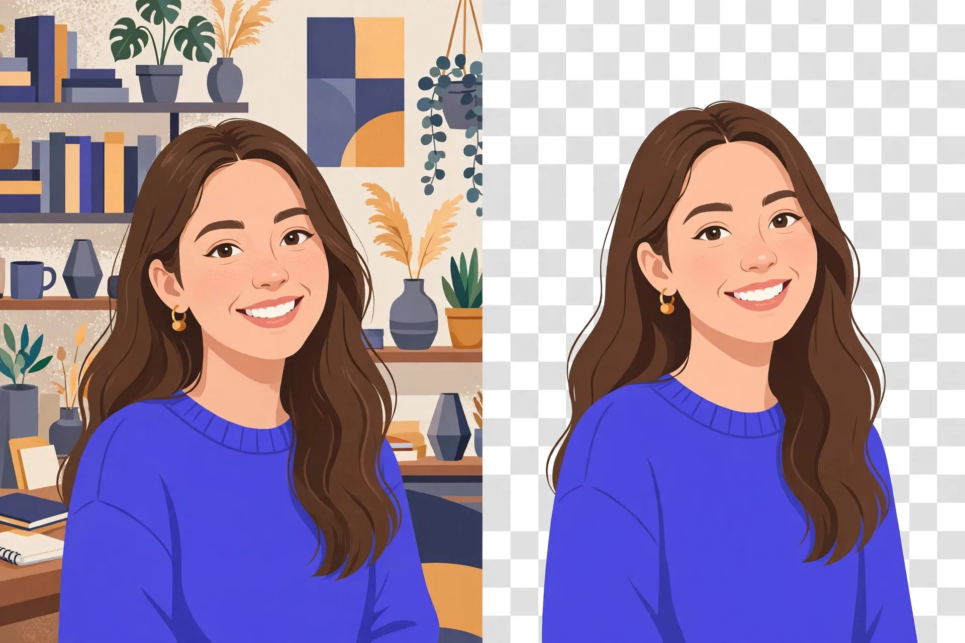 Illustration: the same portrait with a busy room behind it on the left, and cleanly cut out against a transparent checkerboard on the right