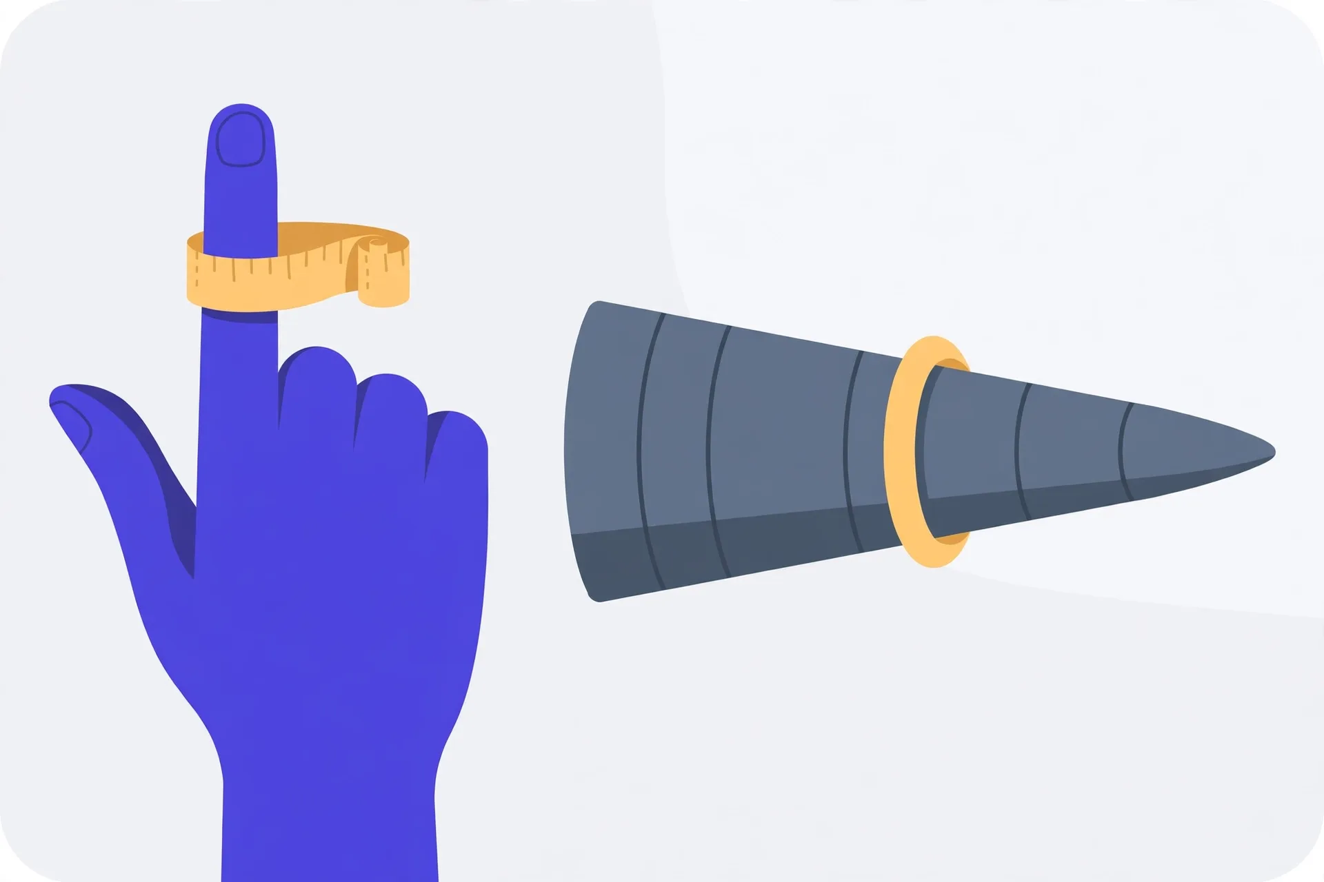 Illustration of a hand with a paper strip wrapped around one finger for measuring, beside a tapered ring sizing mandrel