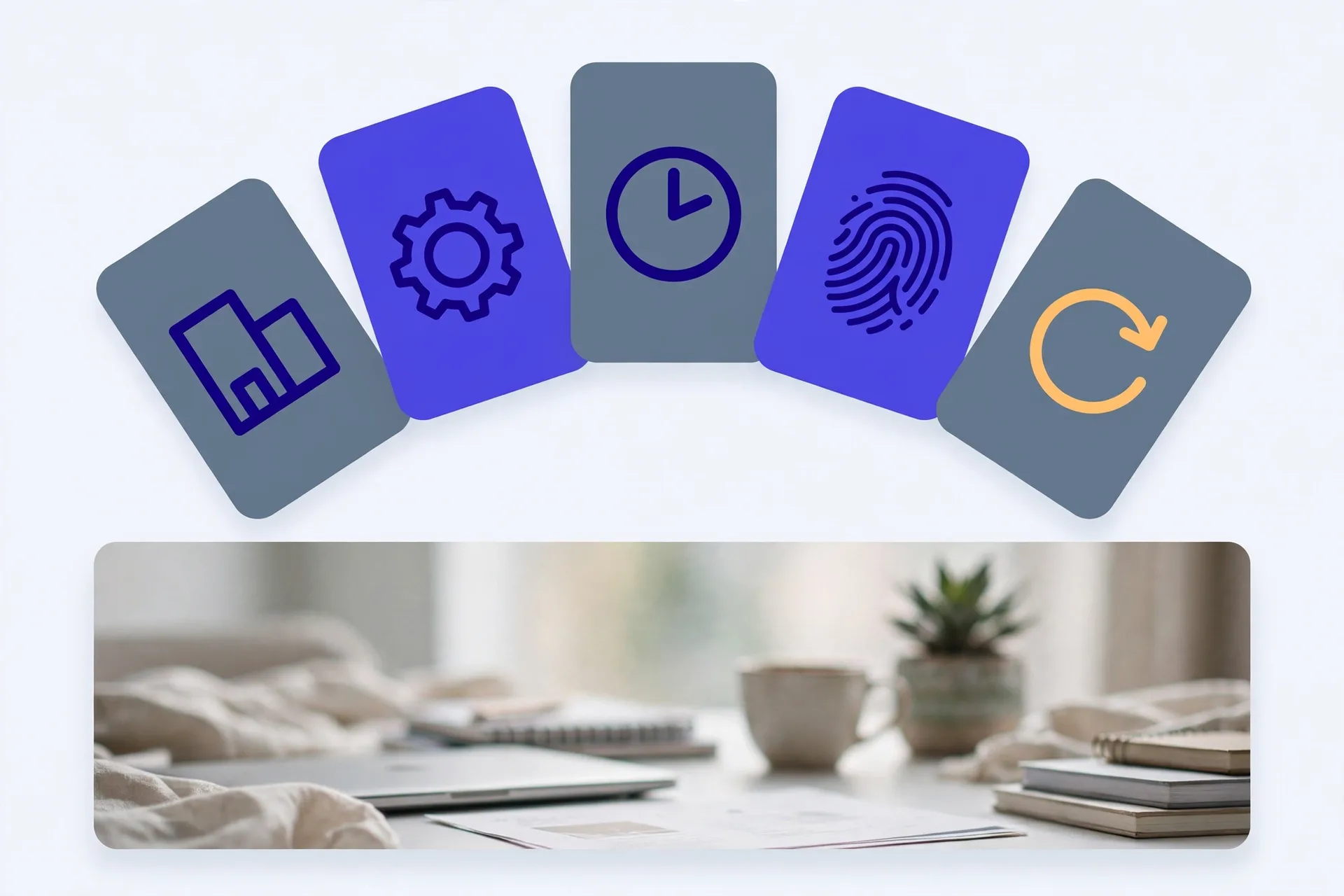 Illustration of five tags fanned out above a photograph, each carrying a simple icon