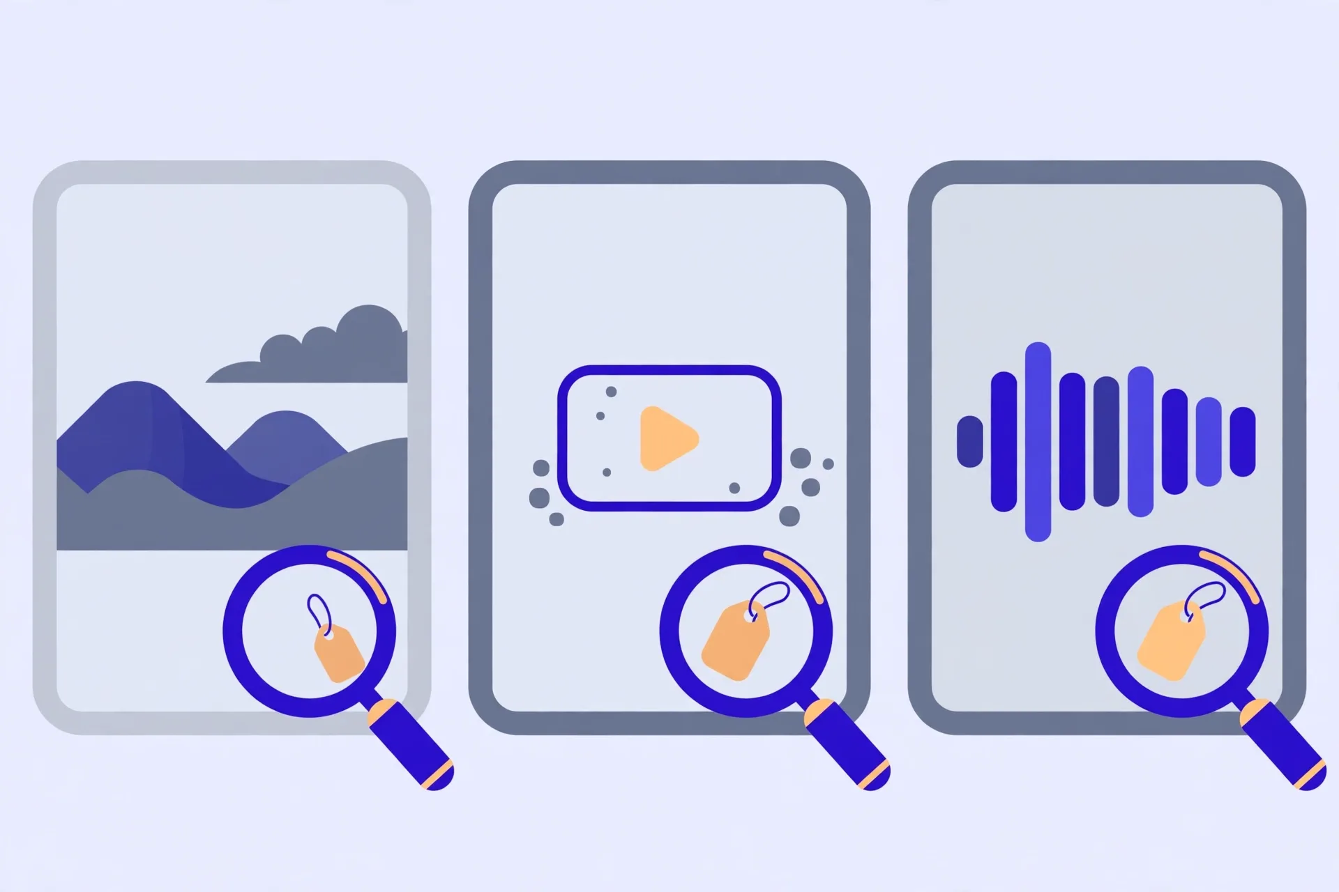 Illustration of a photo frame, a video frame and an audio waveform, each with a small hidden tag revealed by a magnifying glass