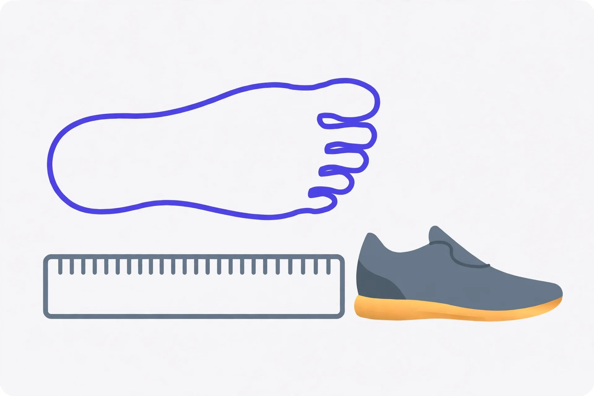 Illustration of a foot outline above a measuring strip, beside a single shoe