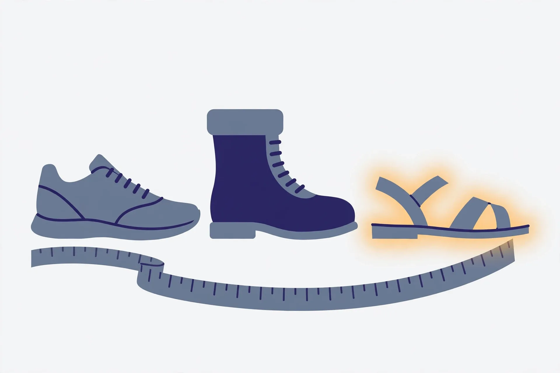 Illustration of a sneaker, a boot and a sandal in a row above a curving measuring tape