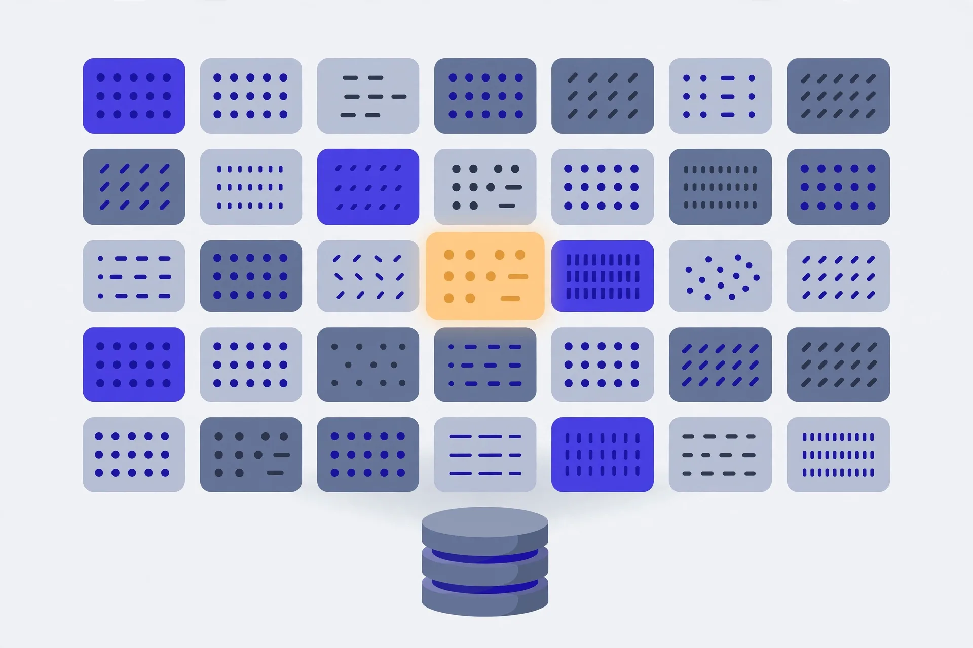 Illustration of many small ID cards each with a unique dot pattern, one card highlighted in amber above a database cylinder