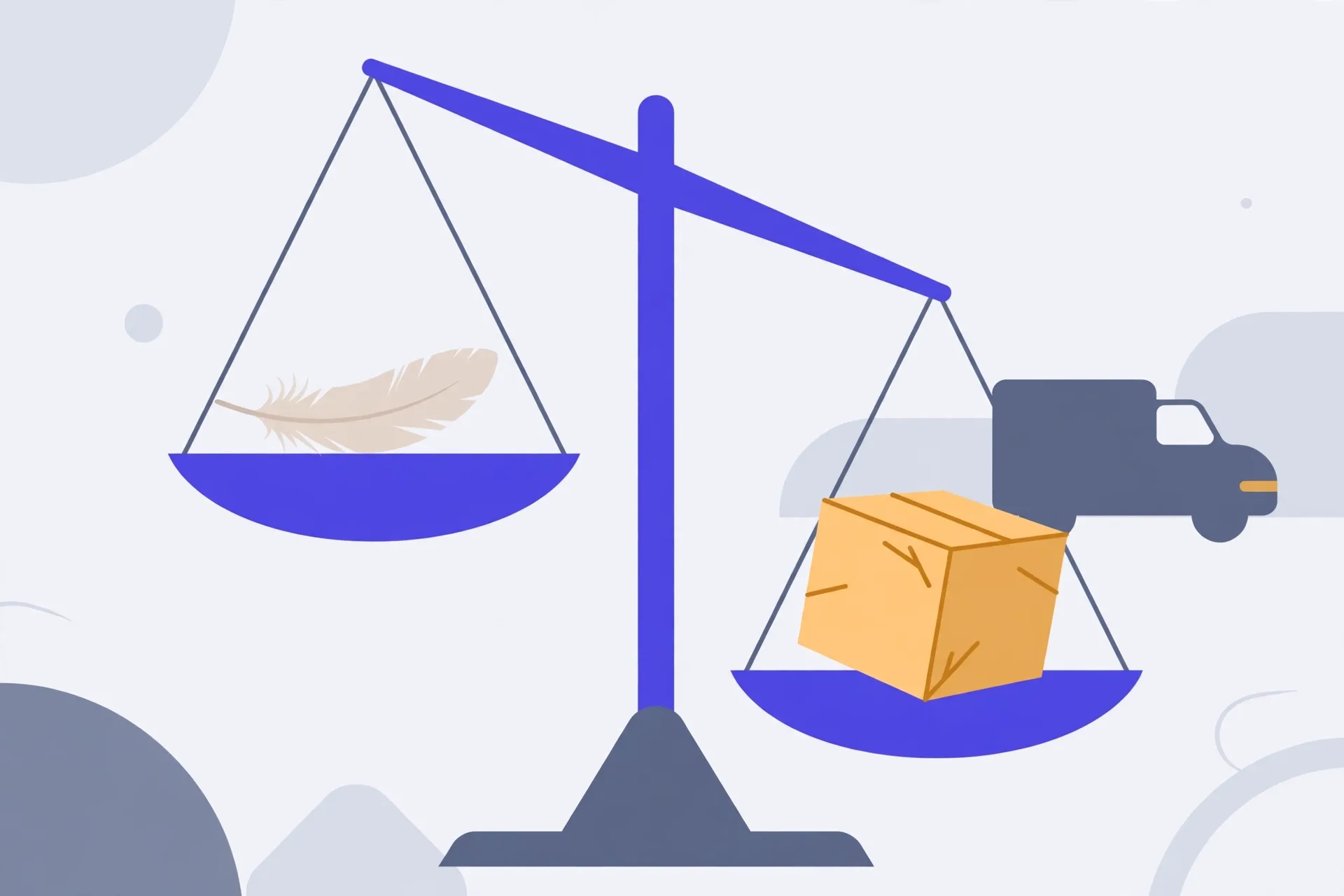 Illustration of a balance scale with a feather on one pan and a cardboard box tipping the other pan lower, beside a delivery van